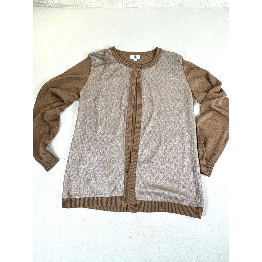 YAL New York Cardigan Sweater Women XL Brown Metallic Shimmer Festive Holiday